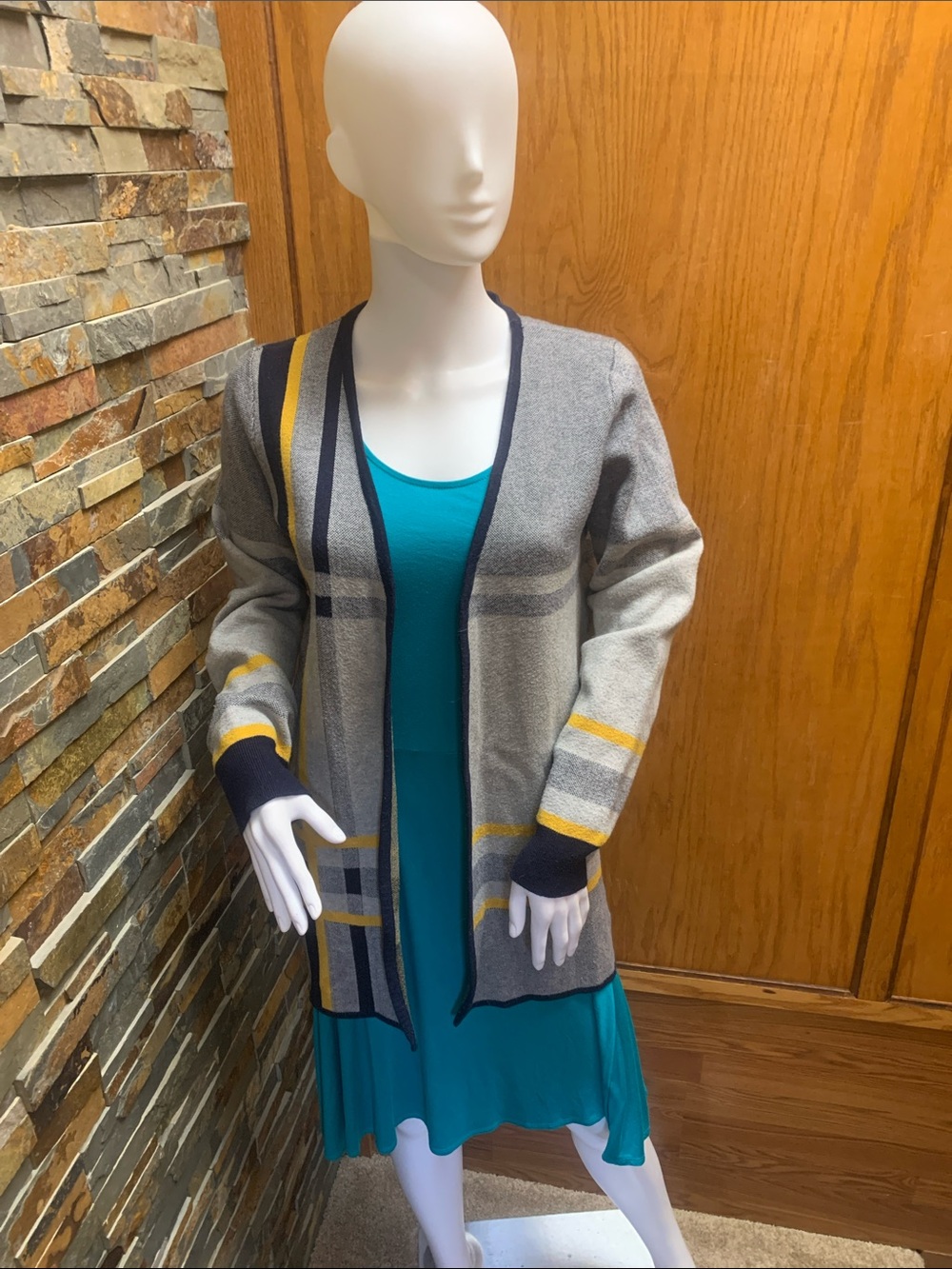 Skies Are Blue Gray Plaid Open-Front Cardigan with Navy and Yellow Trim